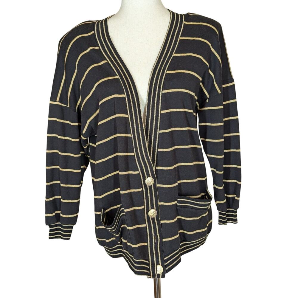 Vtg Peter Popovitch Cardigan Womens S Brown Gold Metallic Stripe Grandpa Sweater